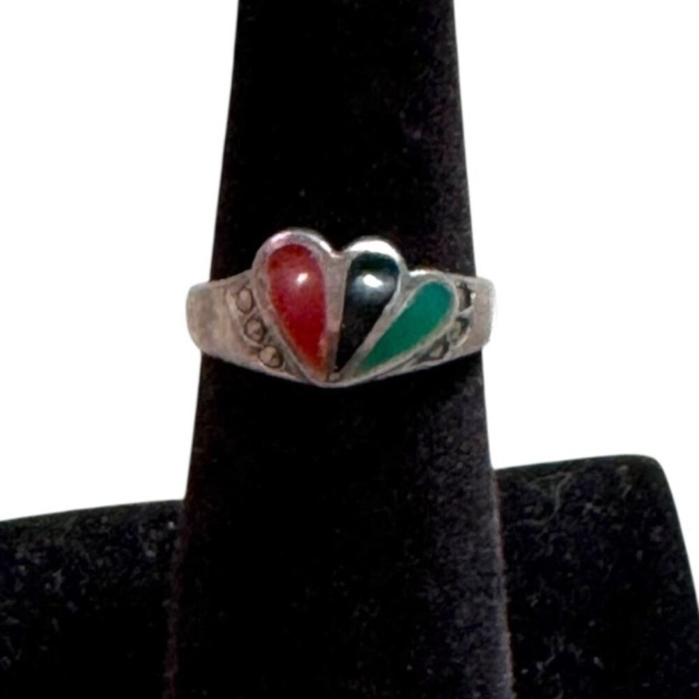 Vintage 925 Sterling Silver Ring Malachite Coral Onyx Enamel Inlay Size 5.75